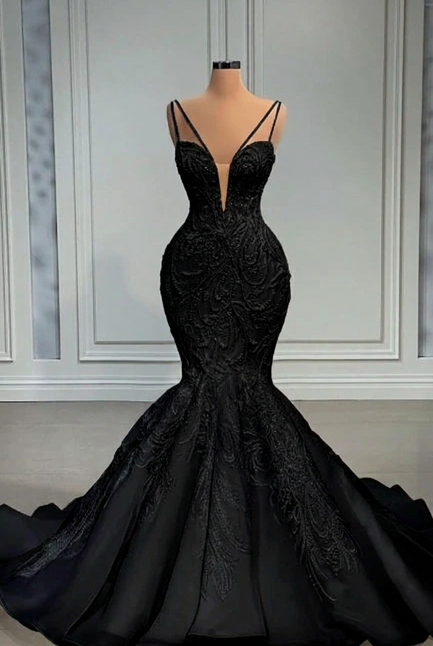 Black strapless beaded mermaid wedding dress