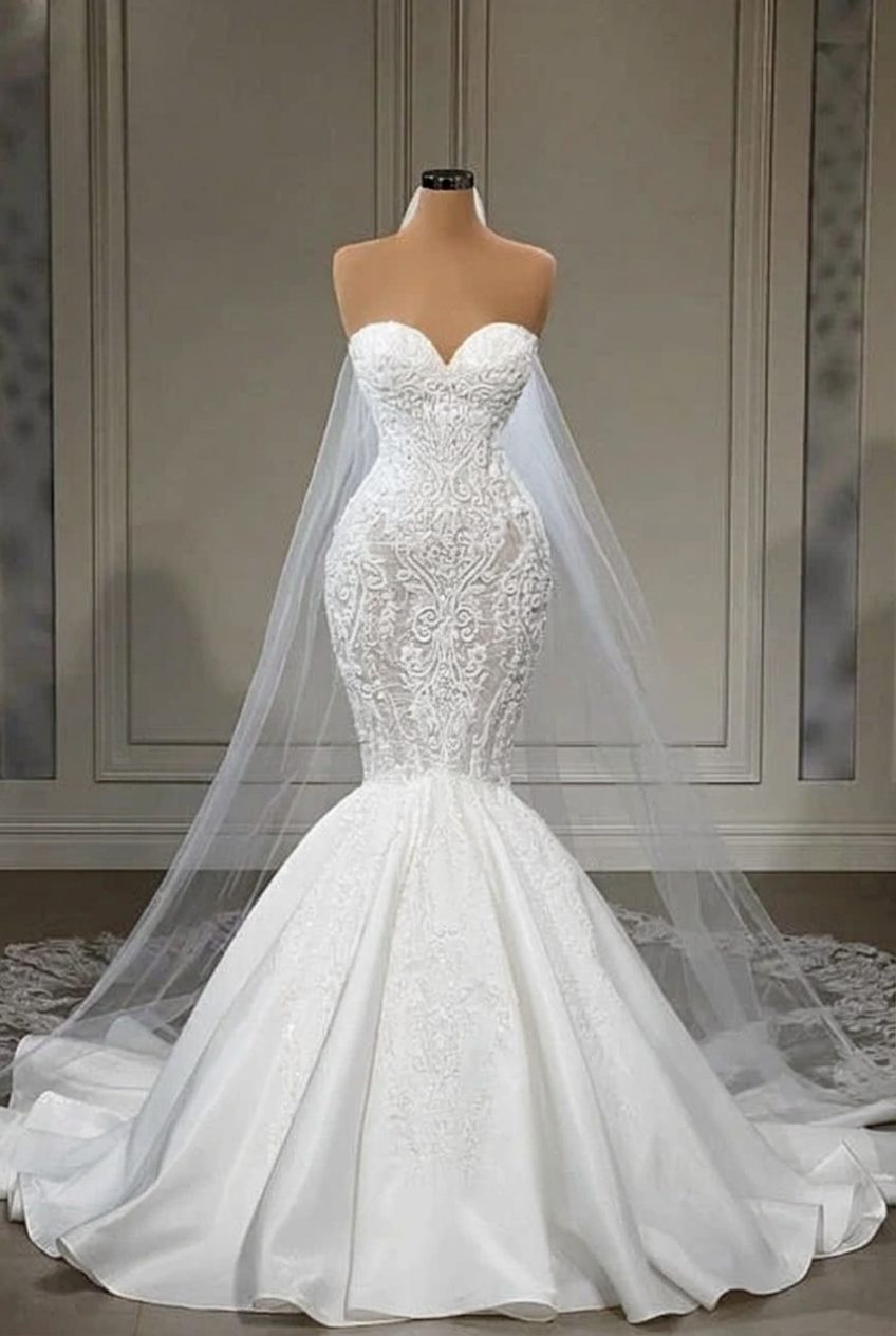 White strapless applique mermaid wedding dress