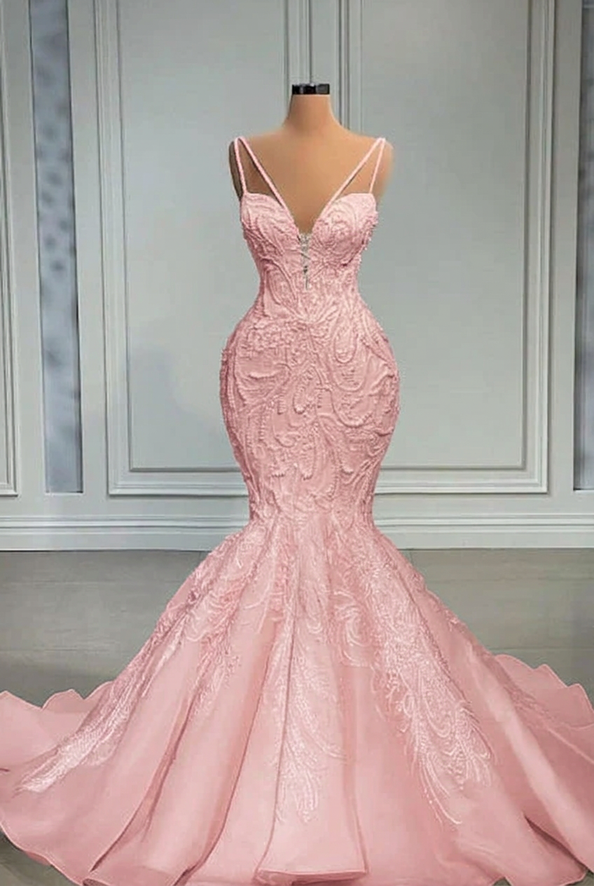 Blushing pink strapless beaded mermaid wedding dress