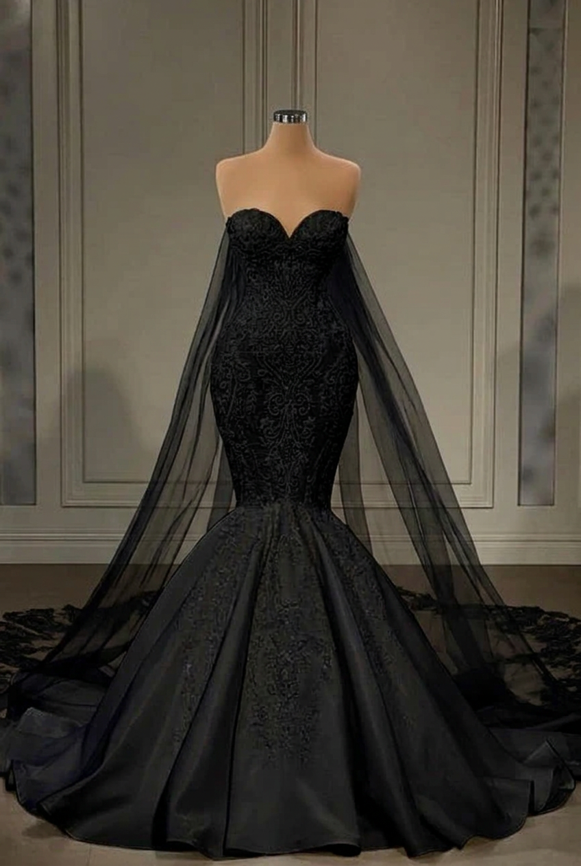 Black strapless applique mermaid wedding dress