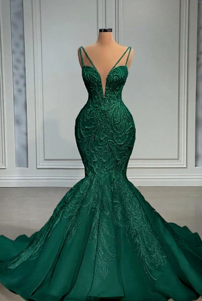 Dark green strapless beaded mermaid wedding dress