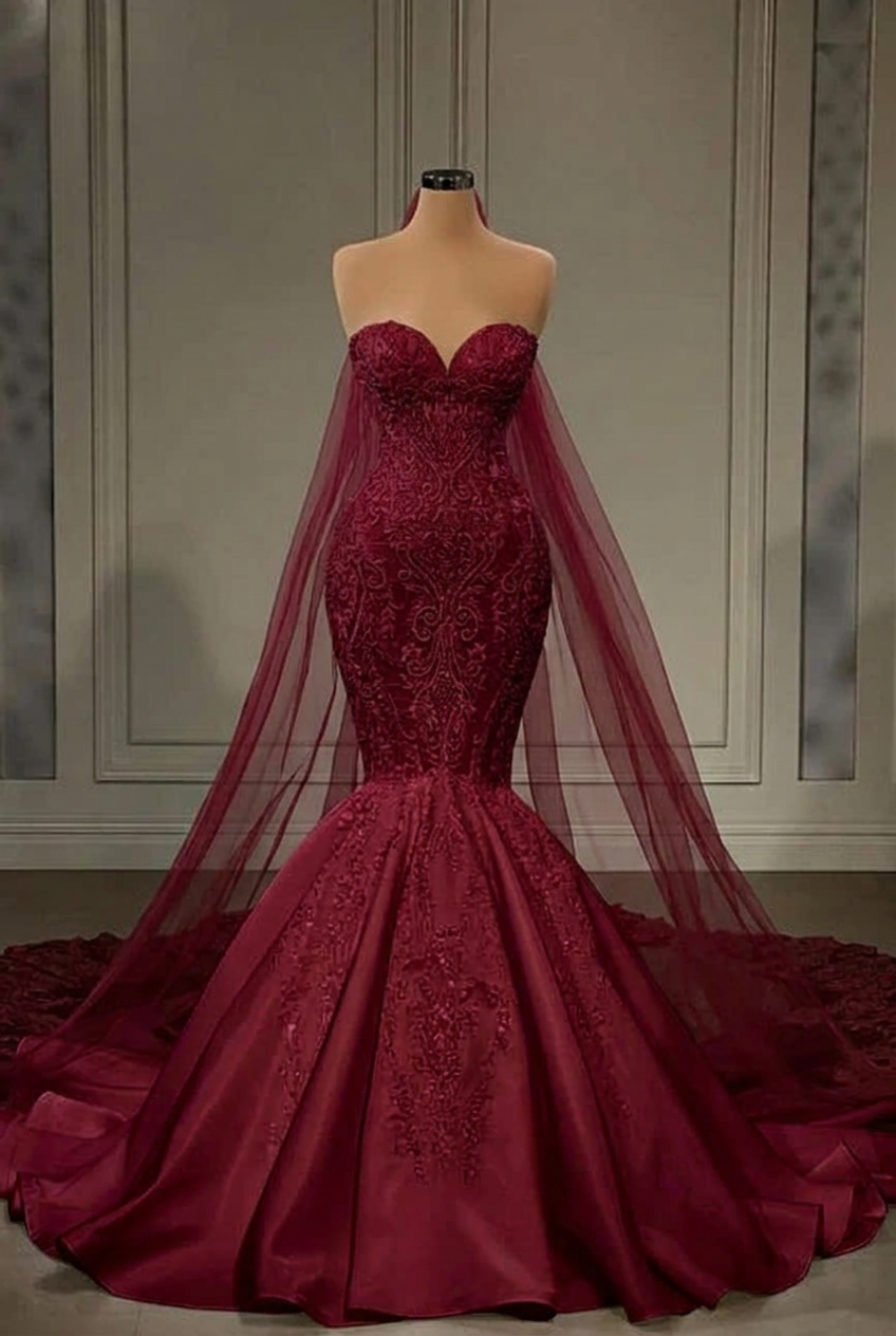 Burgundy strapless applique mermaid wedding dress