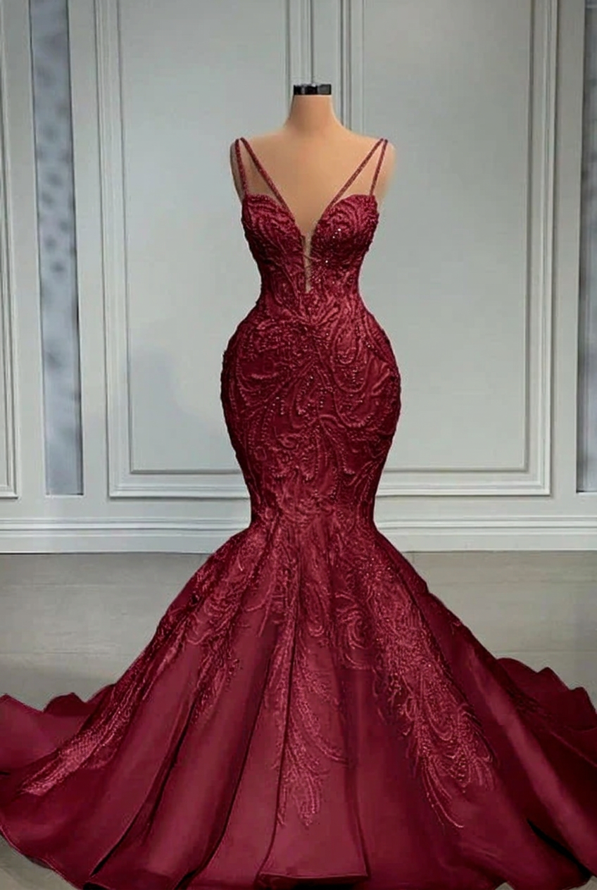 Burgundy strapless beaded mermaid wedding dress