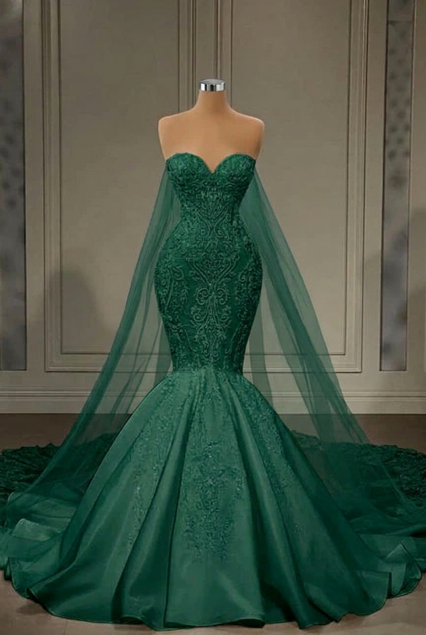 Dark green strapless applique mermaid wedding dress