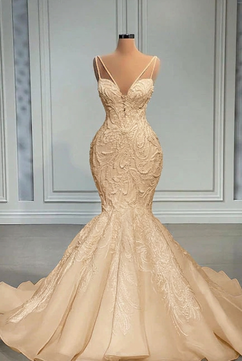 Champagne strapless beaded mermaid wedding dress