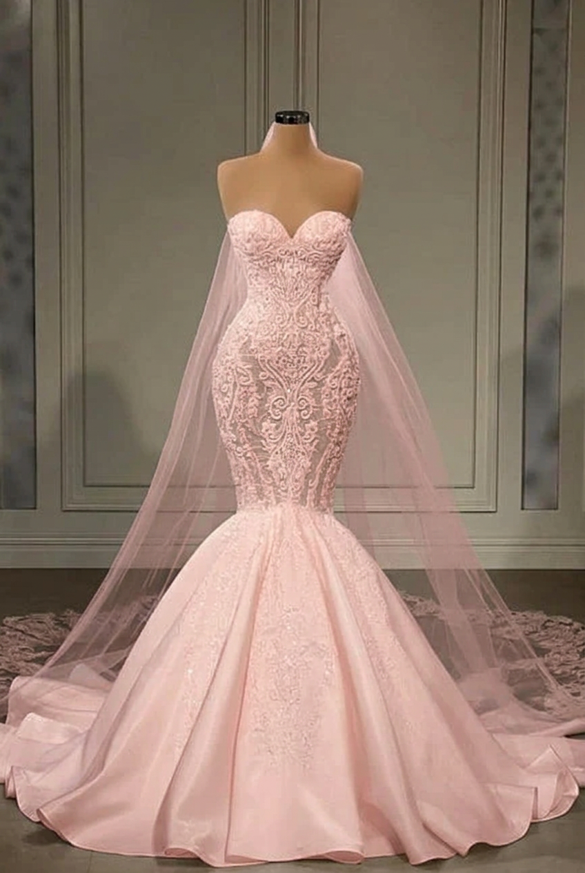 Blushing pink strapless applique mermaid wedding dress