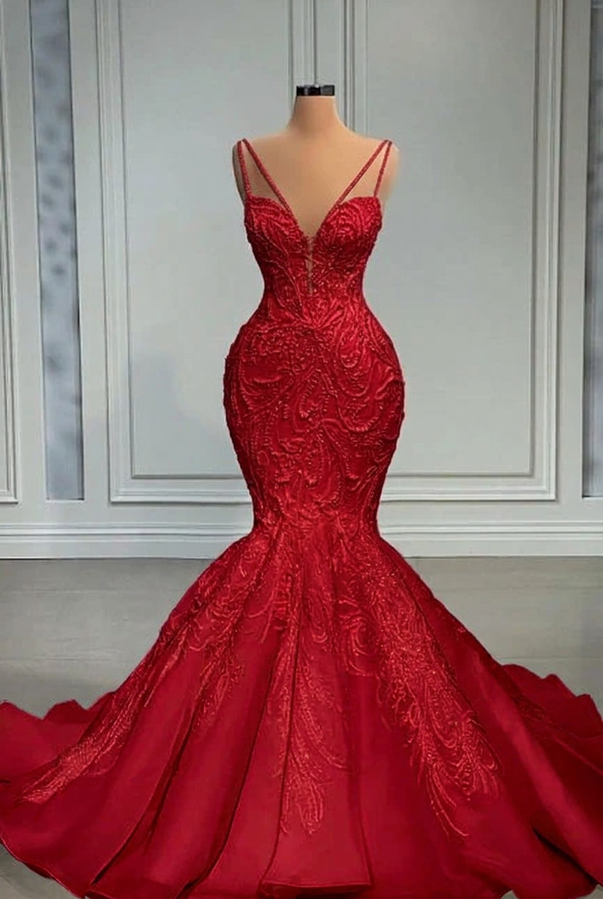Red strapless beaded mermaid wedding dress