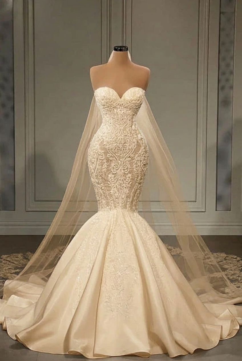 Champagne strapless applique mermaid wedding dress