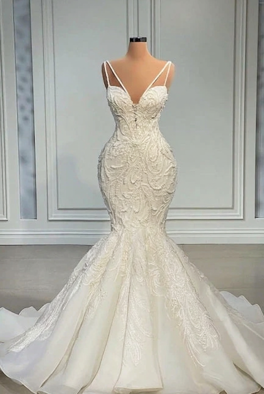 Ivory strapless beaded mermaid wedding dress