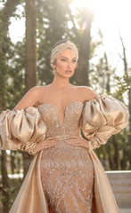Gold off-the-shoulder beaded mermaid prom dress