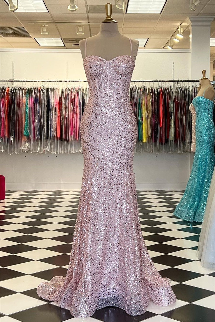 Elegant Sweetheart Mermaid Sleeveless Formal Dress Sequins With Spaghetti Strap