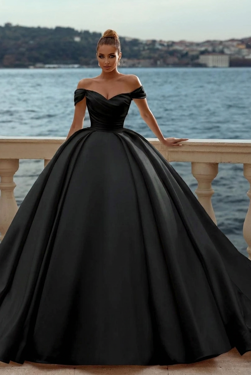 Black sweetheart satin A-line wedding dress