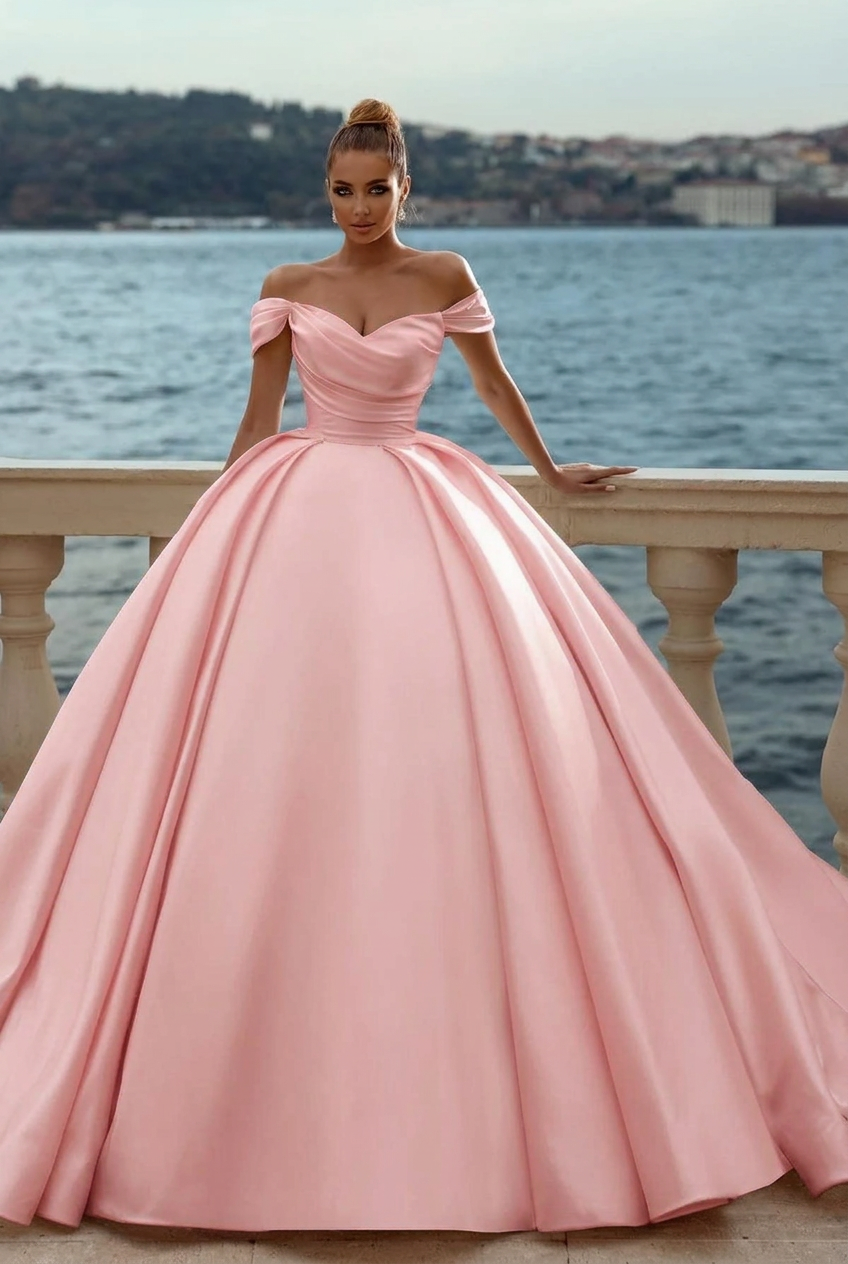 Blushing pink sweetheart satin A-line wedding dress