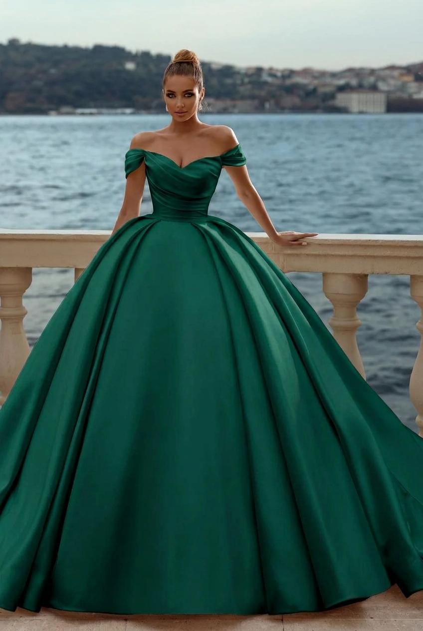 Dark green sweetheart satin A-line wedding dress