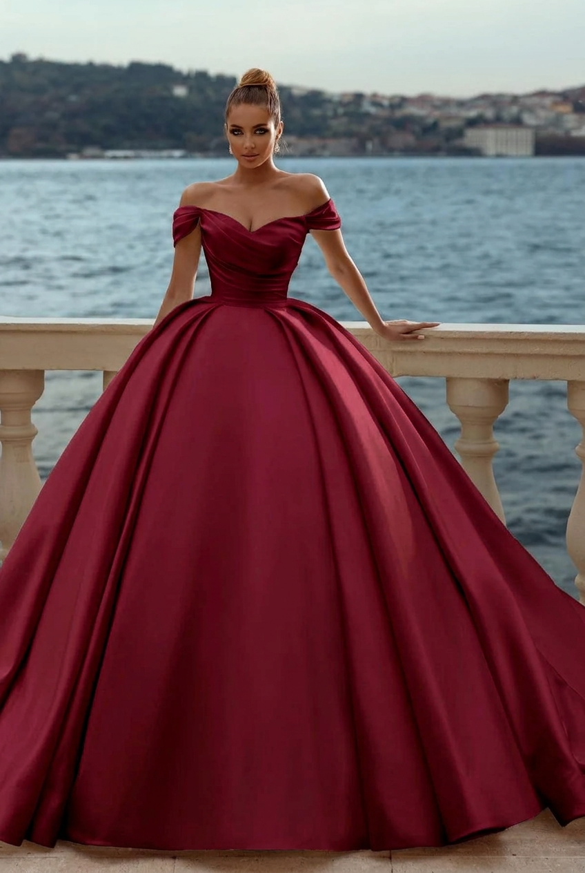 Burgundy sweetheart satin A-line wedding dress