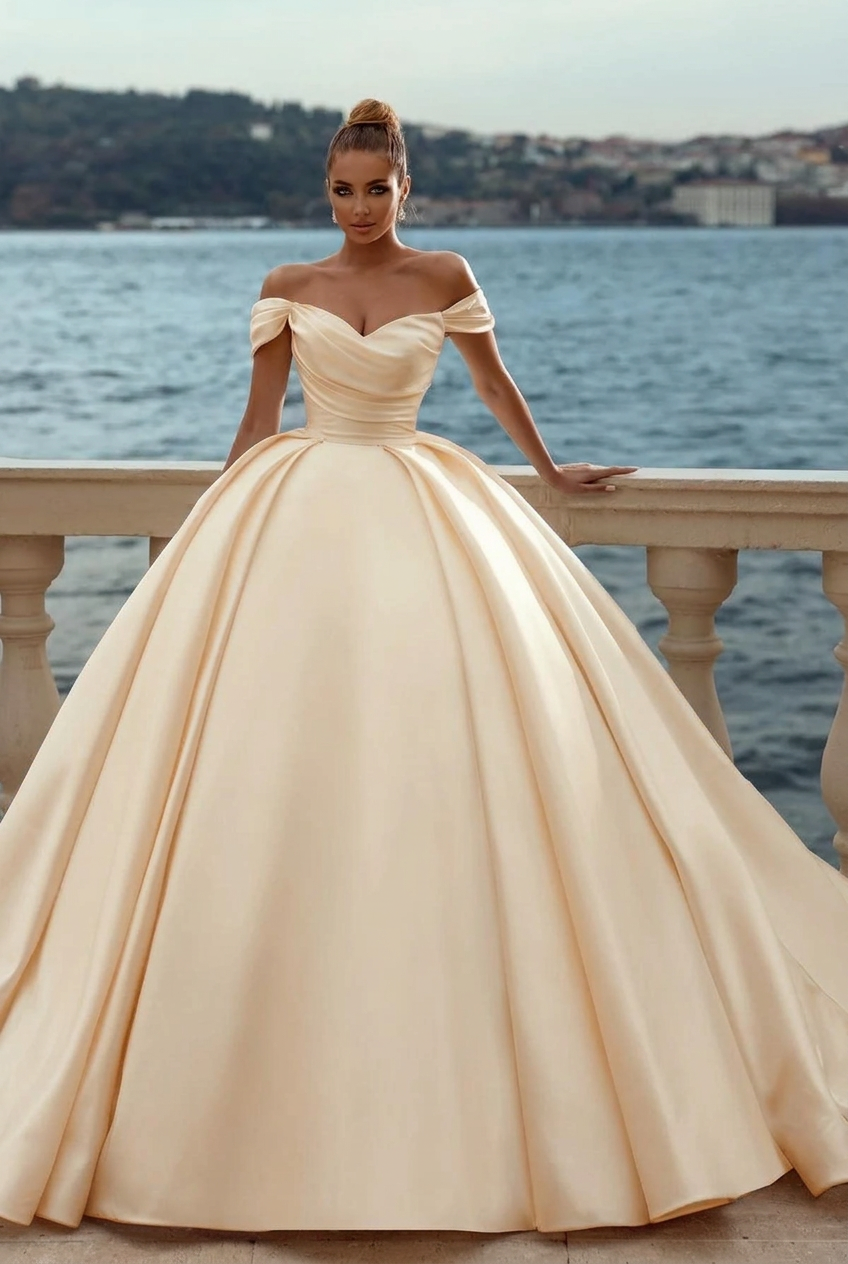 Champagne sweetheart satin A-line wedding dress