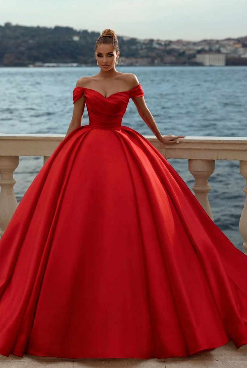 Red sweetheart satin A-line wedding dress