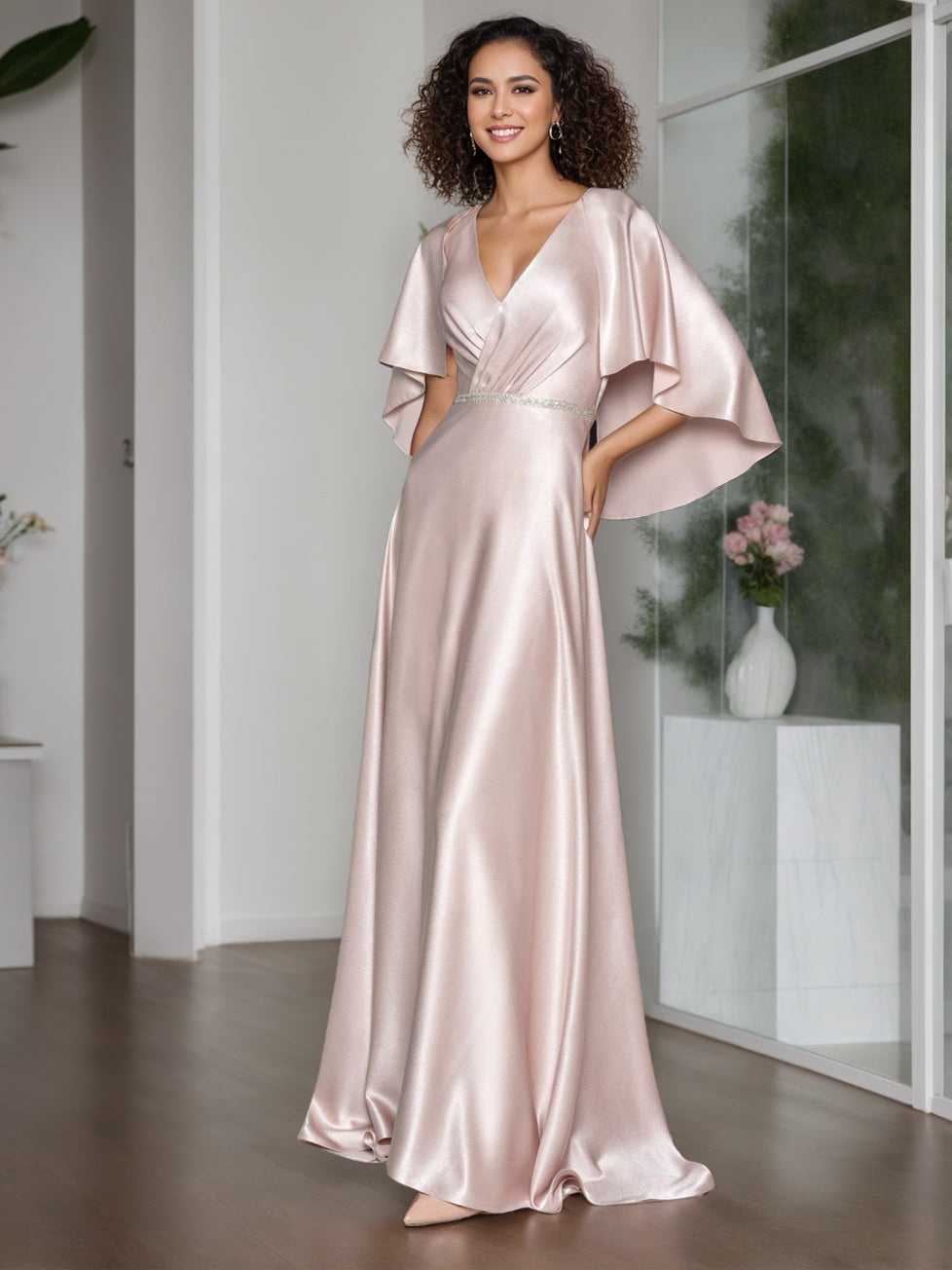 Elegant V-Neck A-Line Princess Floor-Length Mother of the Bride Dress with Short Cape Sleeves and Ruffle