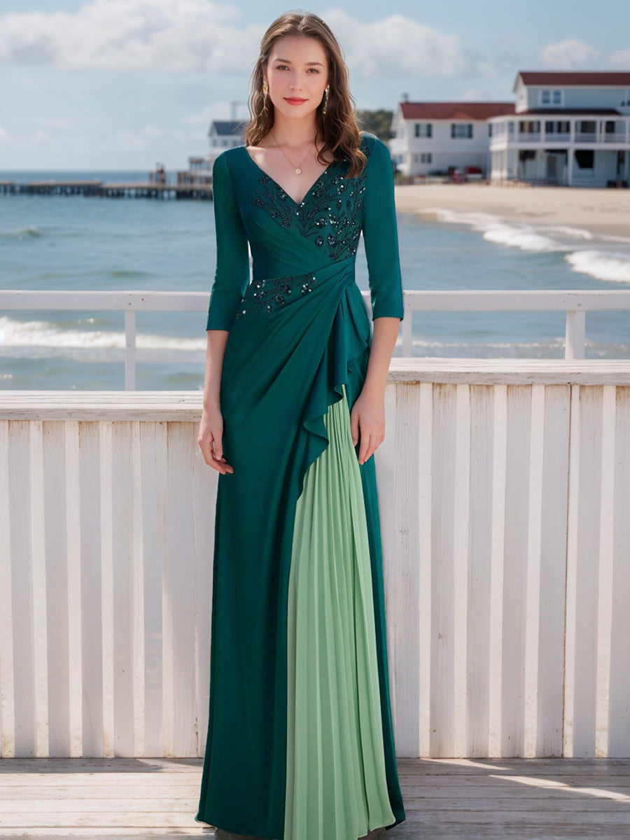 Elegant V-Neck A-Line Princess Gown for Mothers of the Bride & Groom with Long Sleeves Ruffles and Appliques