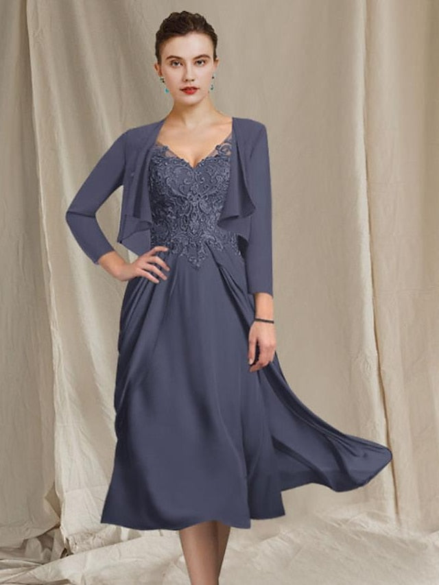 Elegant V-Neck A-Line Princess Tea-Length Dress for the Mother of the Bride