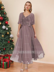 Elegant V-Neck A-Line Princess Tea-Length Dresses for the Mother of the Bride