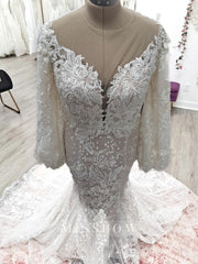 Elegant V-neck Long Sleeves Mermaid Lace Wedding Dress