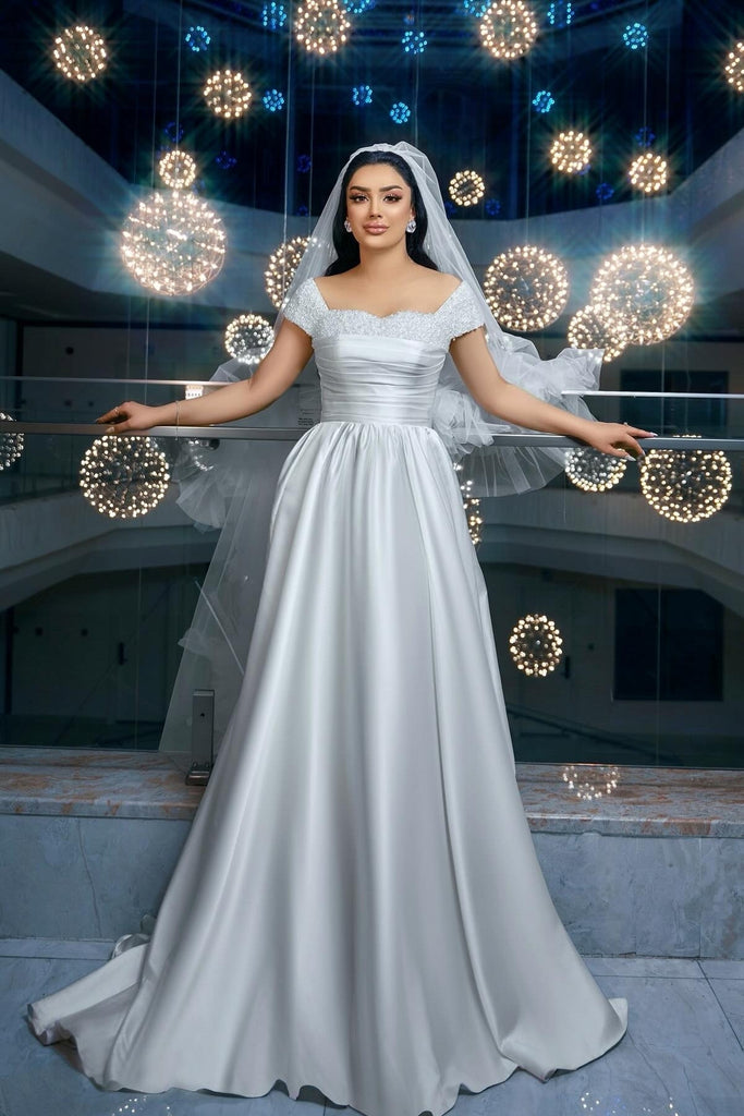 Elegant White A-Line Off-The-Shoulder Sleeveless Beaded Ruffle Long Satin Wedding Dresses With Slit Elegant White A-Line Off-The-Shoulder Sleeveless Beaded Ruffle Long Satin Wedding Dresses With Slit