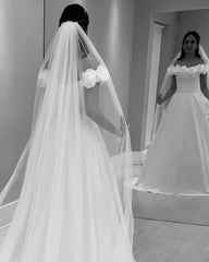 Elegant White A-Line Off-The-Shoulder Sleeveless Sweep Train Satin Wedding Dress With Handmade Flowers