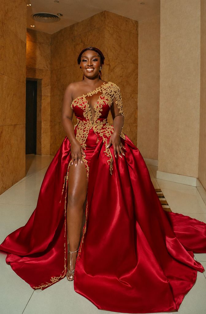 Red one shoulder beaded A-line wedding dress