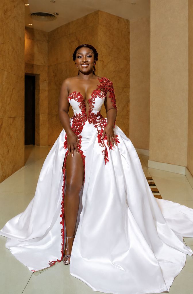 White one shoulder beaded A-line wedding dress