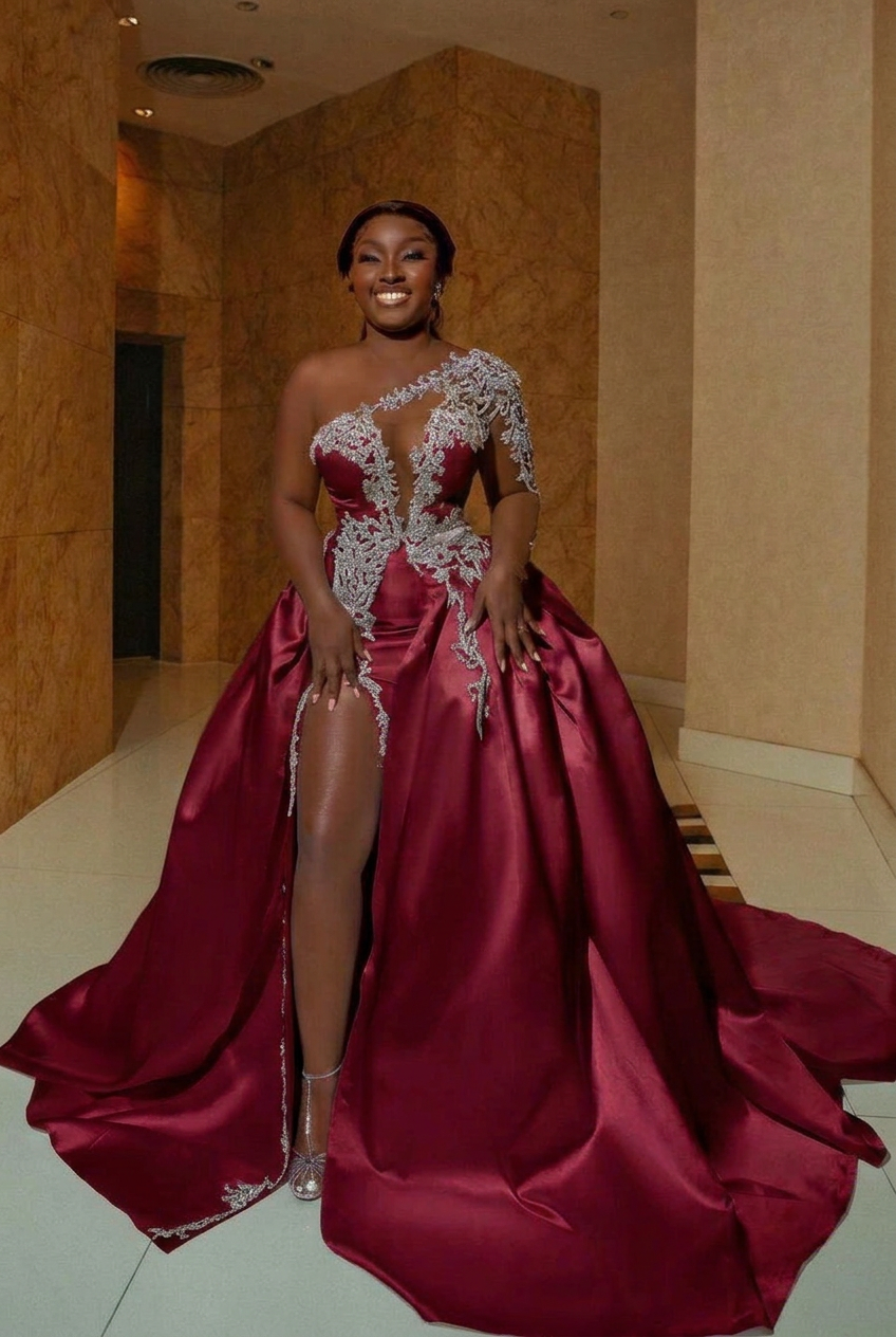 Burgundy one shoulder beaded A-line wedding dress