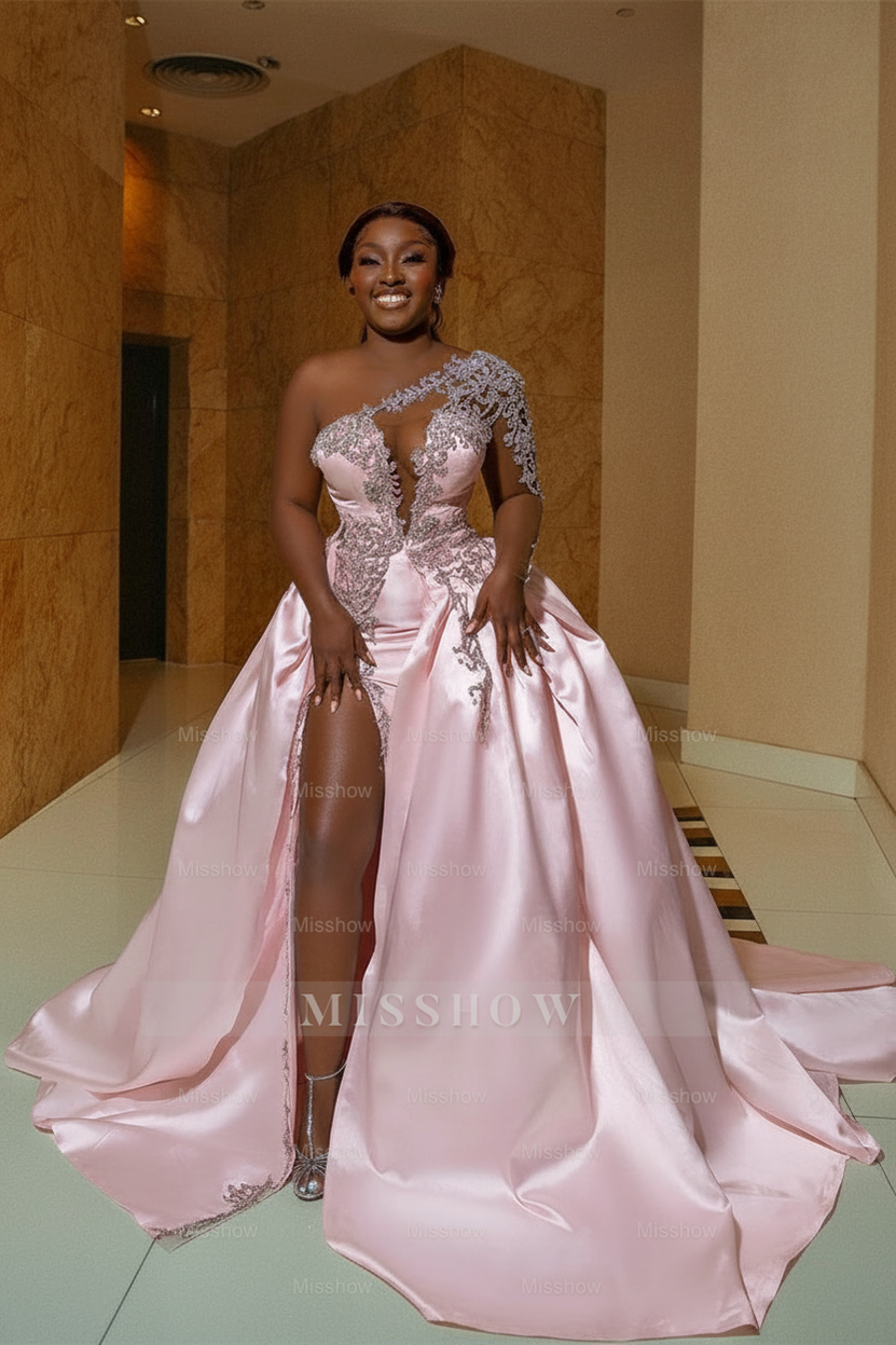 Elegant White A-Line One Shoulder Satin Wedding Dress with Beading and Slit - Bridal Gown