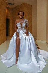 Elegant White A-Line One Shoulder Satin Wedding Dress with Beading and Slit - Bridal Gown