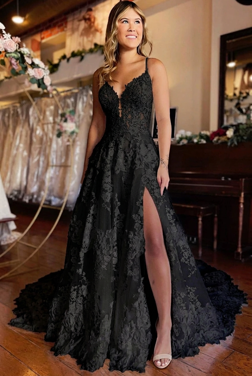 Black v-neck front-split A-line wedding dress
