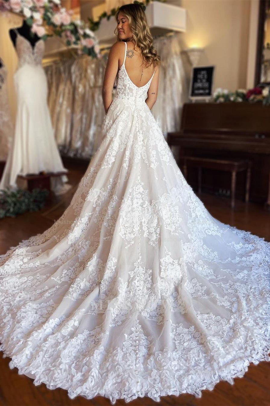 Elegant White A-Line Spaghetti Straps Lace Wedding Dress with Slit - Backless Tulle Bridal Gown