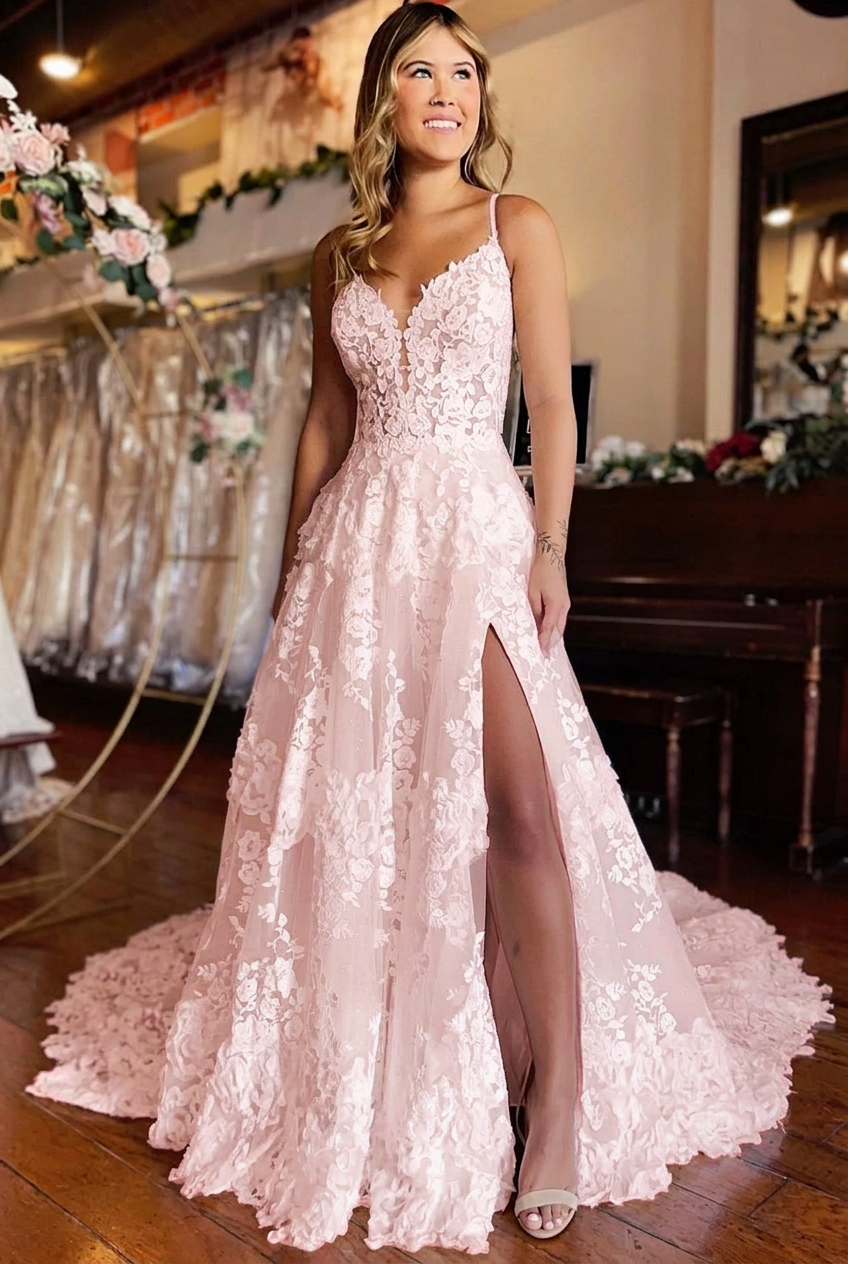 Blushing pink v-neck front-split A-line wedding dress