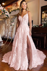 Blushing pink v-neck front-split A-line wedding dress