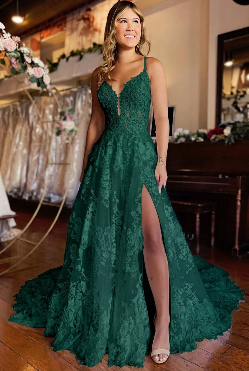 Dark green v-neck front-split A-line wedding dress