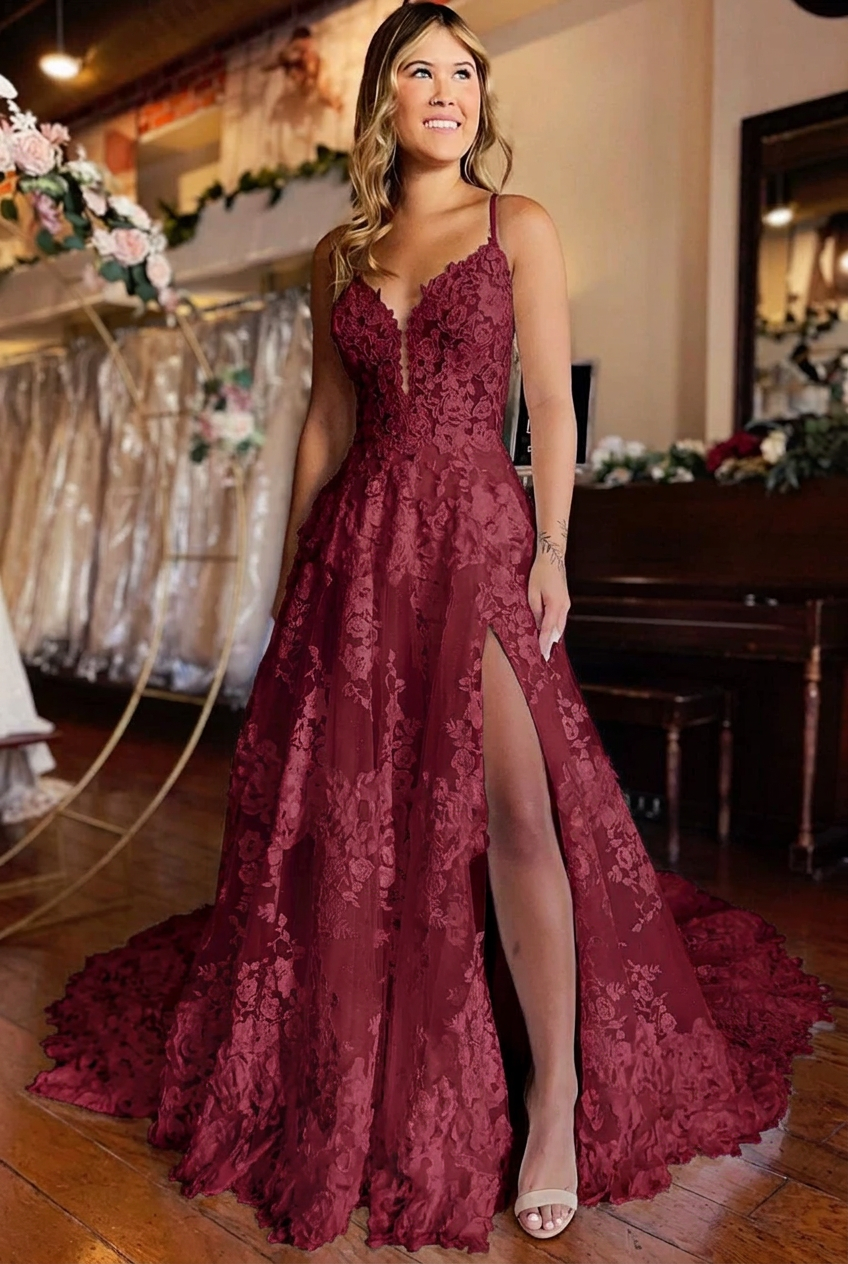 Burgundy v-neck front-split A-line wedding dress