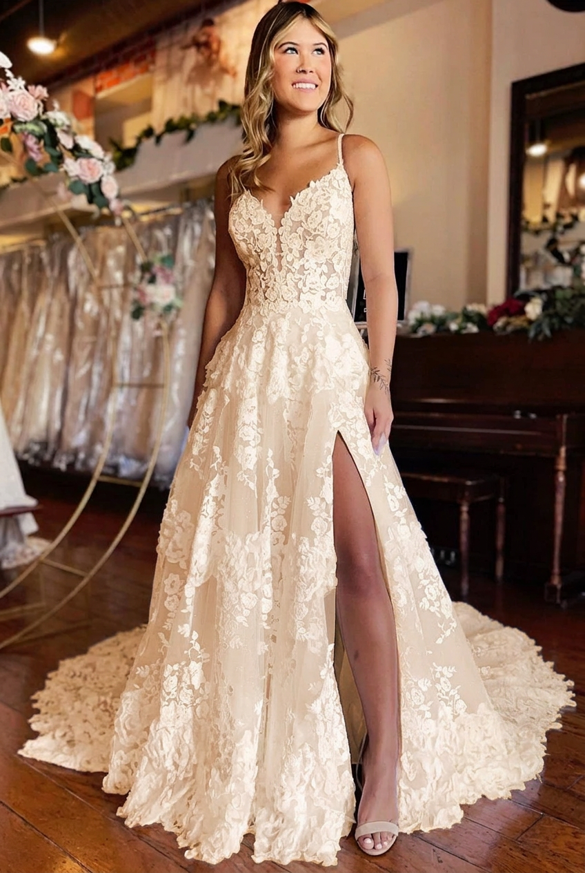 Champagne v-neck front-split A-line wedding dress