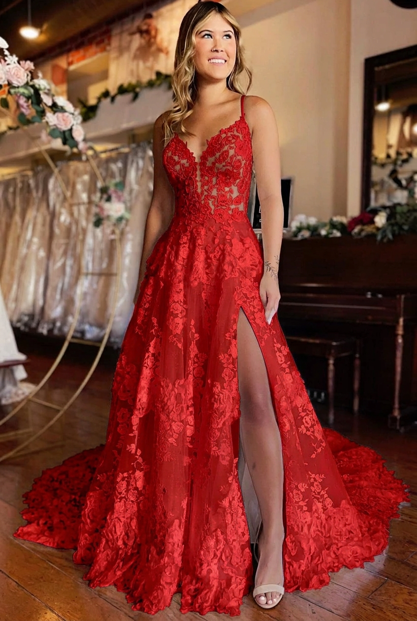 Red v-neck front-split A-line wedding dress