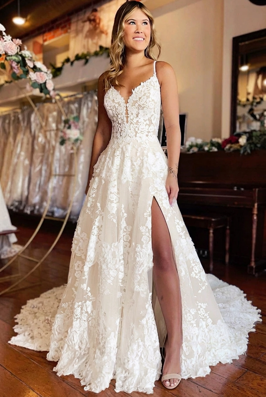 Ivory v-neck front-split A-line wedding dress