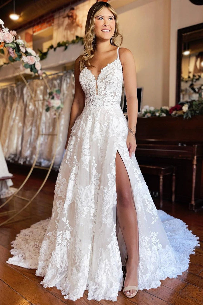 White A-Line Lace Wedding Dress with Slit - Backless Bridal Gown | Misshow White A-Line Lace Wedding Dress with Slit - Backless Bridal Gown | Misshow