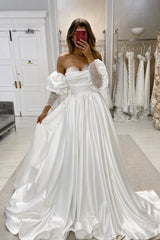Elegant White A-Line Sweetheart Off-The-Shoulder Long Sleeves Ruffles Long Satin Wedding Dress With Lace