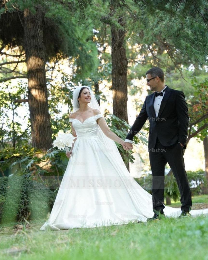 White off-the-shoulder beaded A-line wedding dress