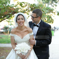 White off-the-shoulder beaded A-line wedding dress