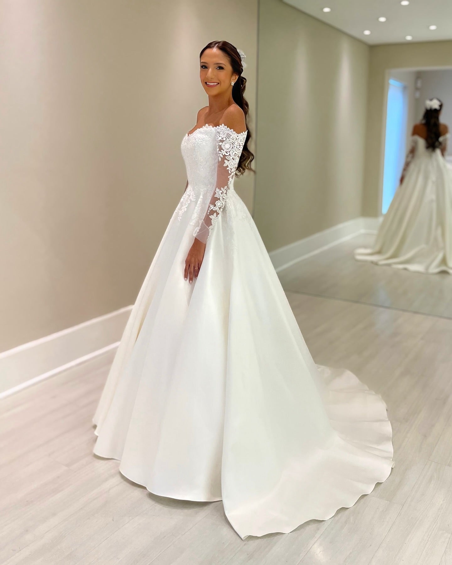 Elegant White Ball Gown Off-The-Shoulder Lace Long Sleeves Chapel Train Satin Wedding Dress