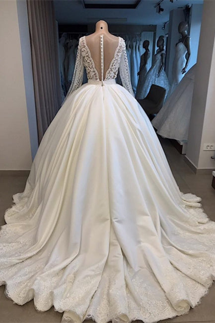 Elegant White Ball Gown Princess V-neck Wedding Dress with Long Sleeves