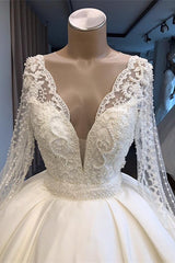 Elegant White Ball Gown Princess V-neck Wedding Dress with Long Sleeves