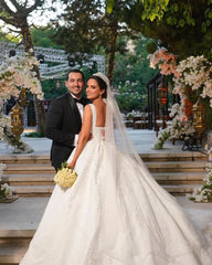 Elegant White Ball Gown Spaghetti Straps Sleeveless Beaded Lace Sweep Train Satin Wedding Dress